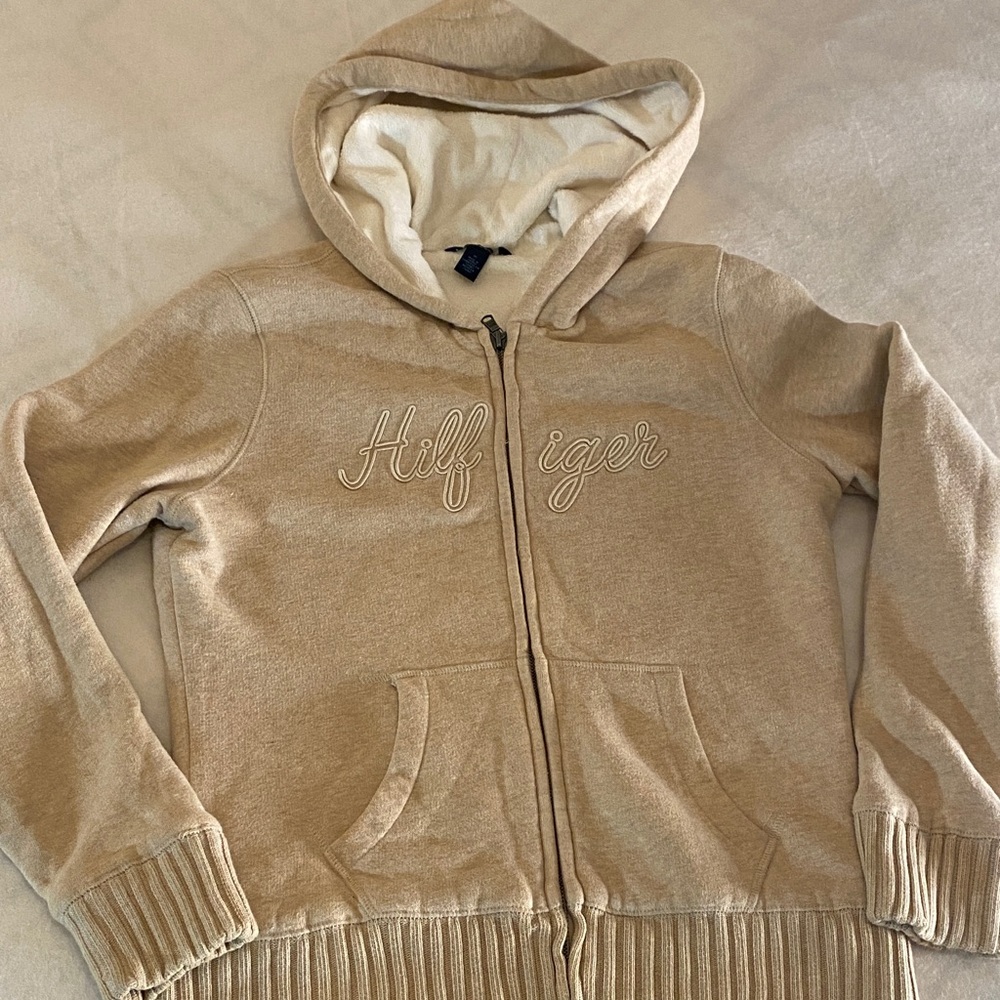 Tommy Hilfiger Tan Script Zip Hoodie jacket plush lined thick fitted medium